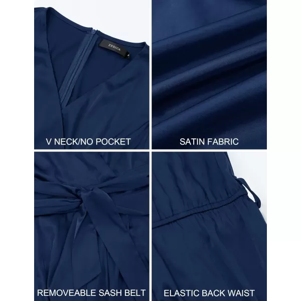 imageZESICA Womens 2023 Summer Bodycon Dress Satin V Neck Short Sleeve Ruched Tie Waist Wrap Split Cocktail Party Midi DressesNavy