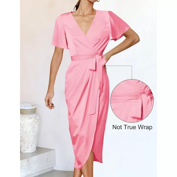 imageZESICA Womens 2023 Summer Bodycon Dress Satin V Neck Short Sleeve Ruched Tie Waist Wrap Split Cocktail Party Midi DressesPink