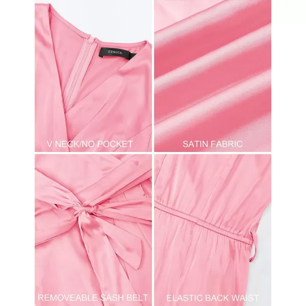 imageZESICA Womens 2023 Summer Bodycon Dress Satin V Neck Short Sleeve Ruched Tie Waist Wrap Split Cocktail Party Midi DressesPink