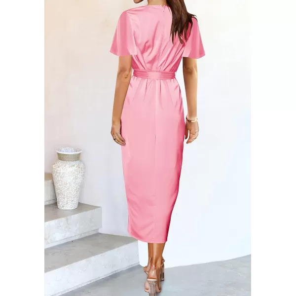 imageZESICA Womens 2023 Summer Bodycon Dress Satin V Neck Short Sleeve Ruched Tie Waist Wrap Split Cocktail Party Midi DressesPink