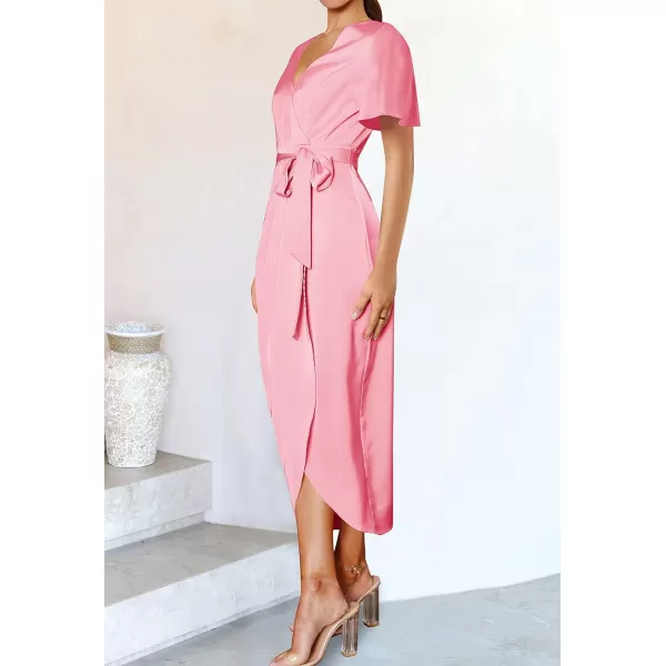imageZESICA Womens 2023 Summer Bodycon Dress Satin V Neck Short Sleeve Ruched Tie Waist Wrap Split Cocktail Party Midi DressesPink