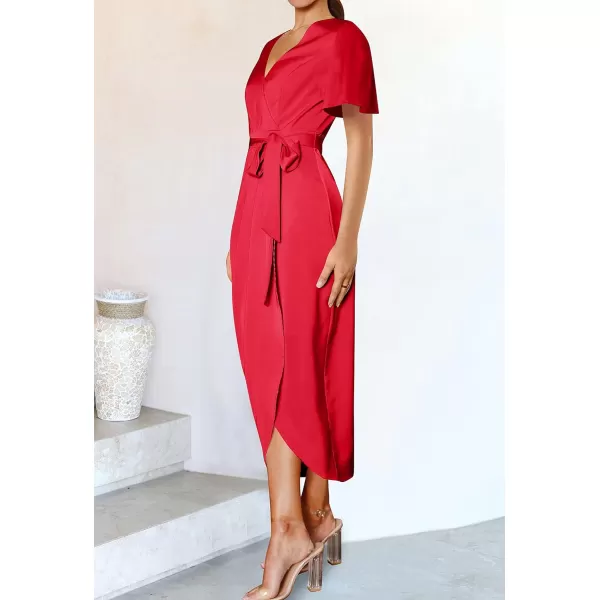 imageZESICA Womens 2023 Summer Bodycon Dress Satin V Neck Short Sleeve Ruched Tie Waist Wrap Split Cocktail Party Midi DressesRed
