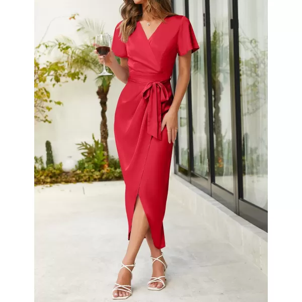 imageZESICA Womens 2023 Summer Bodycon Dress Satin V Neck Short Sleeve Ruched Tie Waist Wrap Split Cocktail Party Midi DressesRed