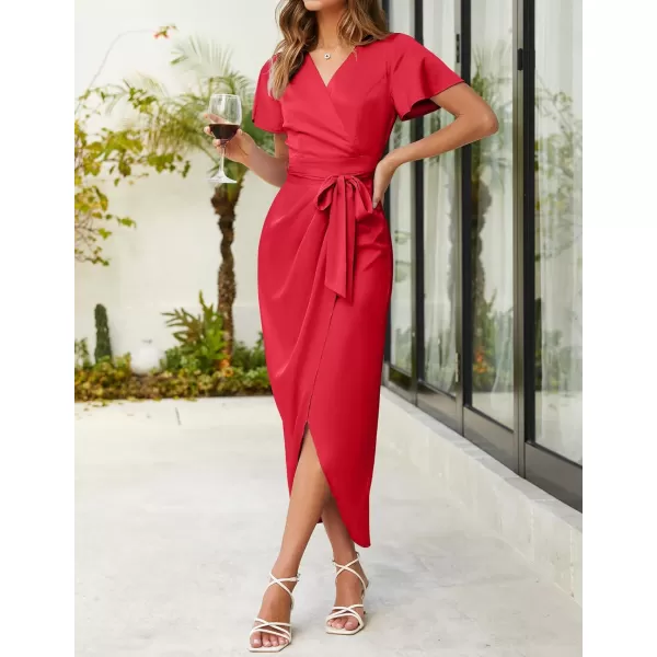 imageZESICA Womens 2023 Summer Bodycon Dress Satin V Neck Short Sleeve Ruched Tie Waist Wrap Split Cocktail Party Midi DressesRed