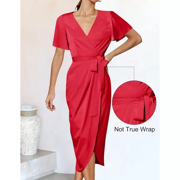 imageZESICA Womens 2023 Summer Bodycon Dress Satin V Neck Short Sleeve Ruched Tie Waist Wrap Split Cocktail Party Midi DressesRed