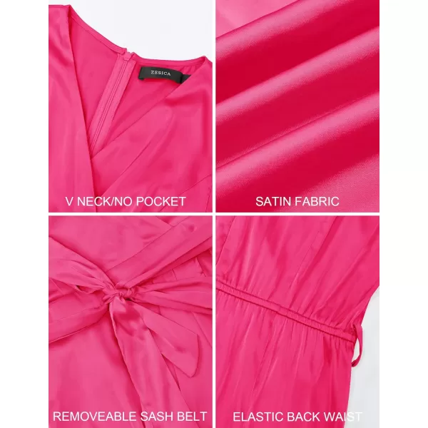 imageZESICA Womens 2023 Summer Bodycon Dress Satin V Neck Short Sleeve Ruched Tie Waist Wrap Split Cocktail Party Midi DressesRose
