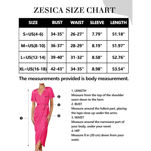 imageZESICA Womens 2023 Summer Bodycon Dress Satin V Neck Short Sleeve Ruched Tie Waist Wrap Split Cocktail Party Midi DressesRose