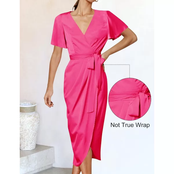 imageZESICA Womens 2023 Summer Bodycon Dress Satin V Neck Short Sleeve Ruched Tie Waist Wrap Split Cocktail Party Midi DressesRose