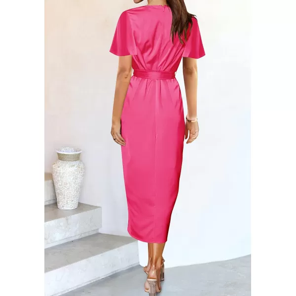 imageZESICA Womens 2023 Summer Bodycon Dress Satin V Neck Short Sleeve Ruched Tie Waist Wrap Split Cocktail Party Midi DressesRose
