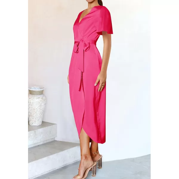 imageZESICA Womens 2023 Summer Bodycon Dress Satin V Neck Short Sleeve Ruched Tie Waist Wrap Split Cocktail Party Midi DressesRose