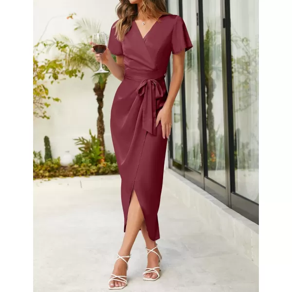 imageZESICA Womens 2023 Summer Bodycon Dress Satin V Neck Short Sleeve Ruched Tie Waist Wrap Split Cocktail Party Midi DressesWine