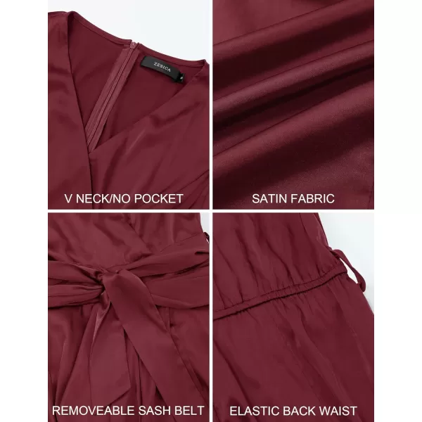 imageZESICA Womens 2023 Summer Bodycon Dress Satin V Neck Short Sleeve Ruched Tie Waist Wrap Split Cocktail Party Midi DressesWine