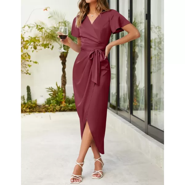 imageZESICA Womens 2023 Summer Bodycon Dress Satin V Neck Short Sleeve Ruched Tie Waist Wrap Split Cocktail Party Midi DressesWine