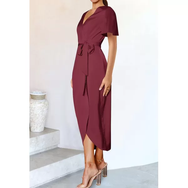 imageZESICA Womens 2023 Summer Bodycon Dress Satin V Neck Short Sleeve Ruched Tie Waist Wrap Split Cocktail Party Midi DressesWine