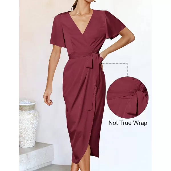 imageZESICA Womens 2023 Summer Bodycon Dress Satin V Neck Short Sleeve Ruched Tie Waist Wrap Split Cocktail Party Midi DressesWine