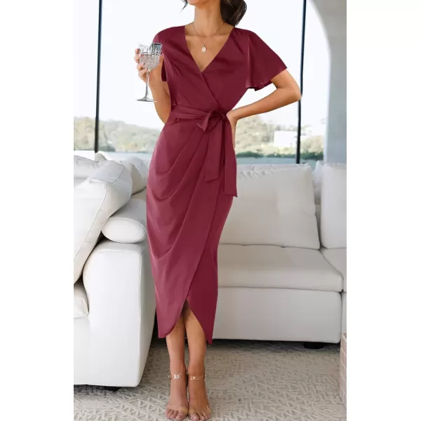 imageZESICA Womens 2023 Summer Bodycon Dress Satin V Neck Short Sleeve Ruched Tie Waist Wrap Split Cocktail Party Midi DressesWine