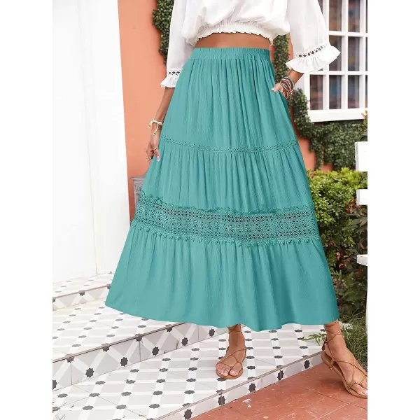imageZESICA Womens 2023 Summer Bohemian Solid Color Lace Trim Flowy A Line Beach Long Maxi Skirt with PocketsAqua