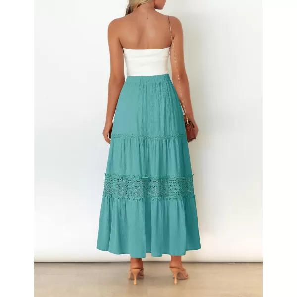 imageZESICA Womens 2023 Summer Bohemian Solid Color Lace Trim Flowy A Line Beach Long Maxi Skirt with PocketsAqua
