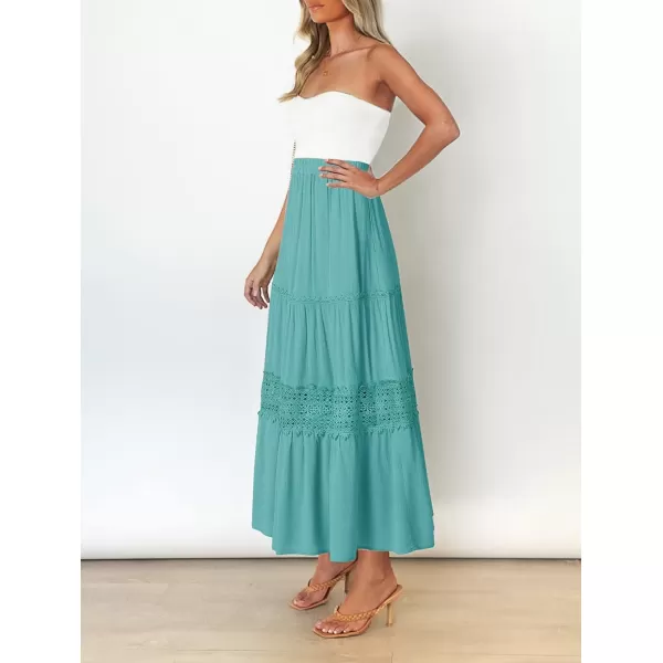 imageZESICA Womens 2023 Summer Bohemian Solid Color Lace Trim Flowy A Line Beach Long Maxi Skirt with PocketsAqua
