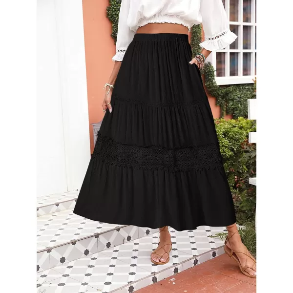 imageZESICA Womens 2023 Summer Bohemian Solid Color Lace Trim Flowy A Line Beach Long Maxi Skirt with PocketsBlack