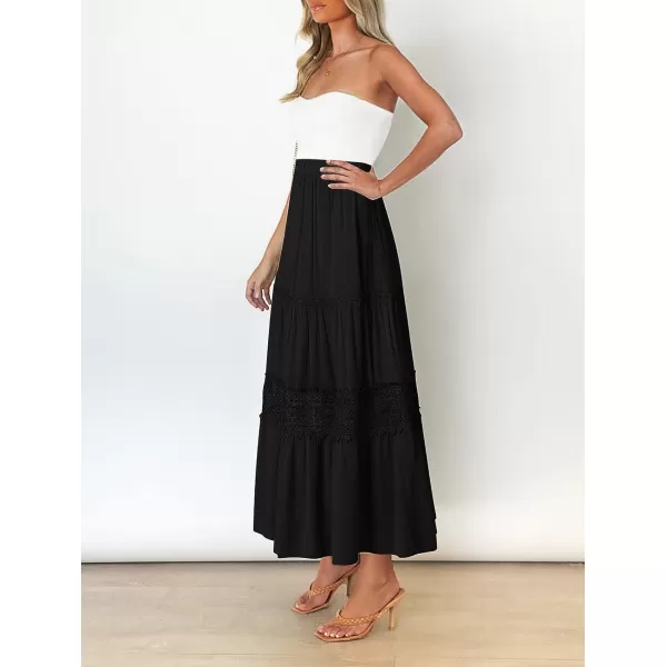 imageZESICA Womens 2023 Summer Bohemian Solid Color Lace Trim Flowy A Line Beach Long Maxi Skirt with PocketsBlack