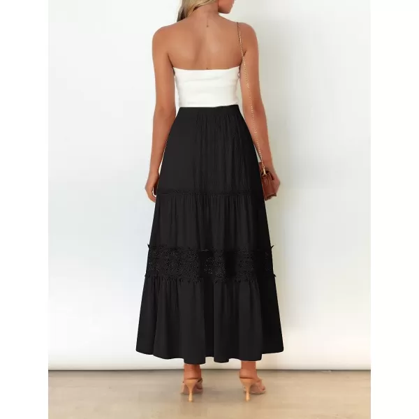 imageZESICA Womens 2023 Summer Bohemian Solid Color Lace Trim Flowy A Line Beach Long Maxi Skirt with PocketsBlack