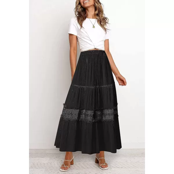 imageZESICA Womens 2023 Summer Bohemian Solid Color Lace Trim Flowy A Line Beach Long Maxi Skirt with PocketsBlack
