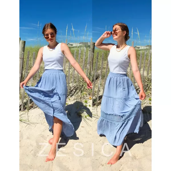 imageZESICA Womens 2023 Summer Bohemian Solid Color Lace Trim Flowy A Line Beach Long Maxi Skirt with PocketsBlue