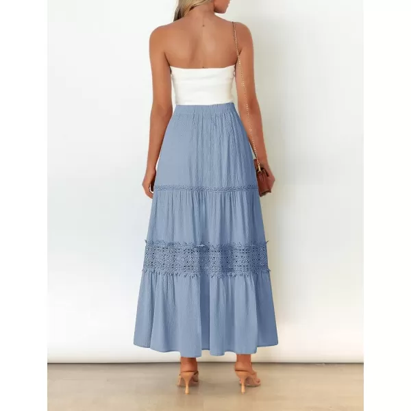 imageZESICA Womens 2023 Summer Bohemian Solid Color Lace Trim Flowy A Line Beach Long Maxi Skirt with PocketsBlue