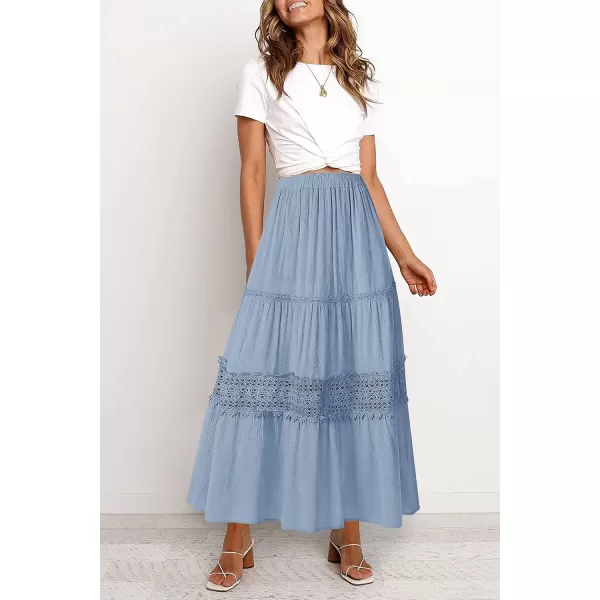 imageZESICA Womens 2023 Summer Bohemian Solid Color Lace Trim Flowy A Line Beach Long Maxi Skirt with PocketsBlue