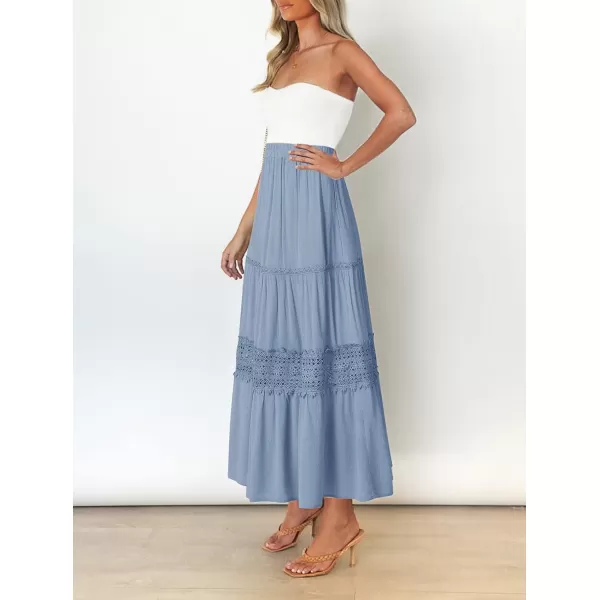 imageZESICA Womens 2023 Summer Bohemian Solid Color Lace Trim Flowy A Line Beach Long Maxi Skirt with PocketsBlue