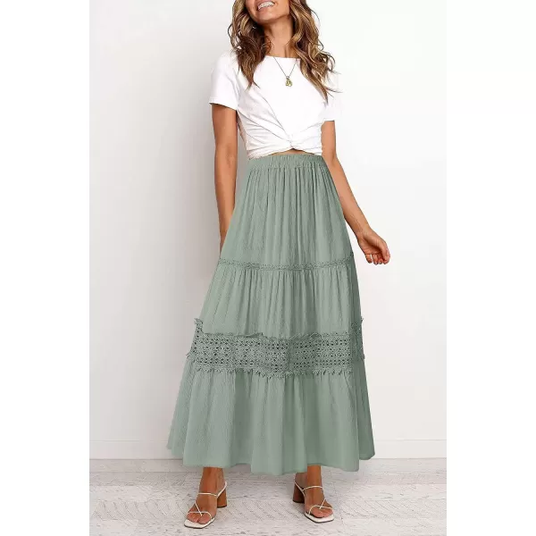 imageZESICA Womens 2023 Summer Bohemian Solid Color Lace Trim Flowy A Line Beach Long Maxi Skirt with PocketsLightgreen