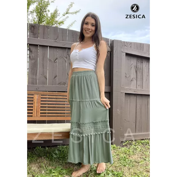 imageZESICA Womens 2023 Summer Bohemian Solid Color Lace Trim Flowy A Line Beach Long Maxi Skirt with PocketsLightgreen