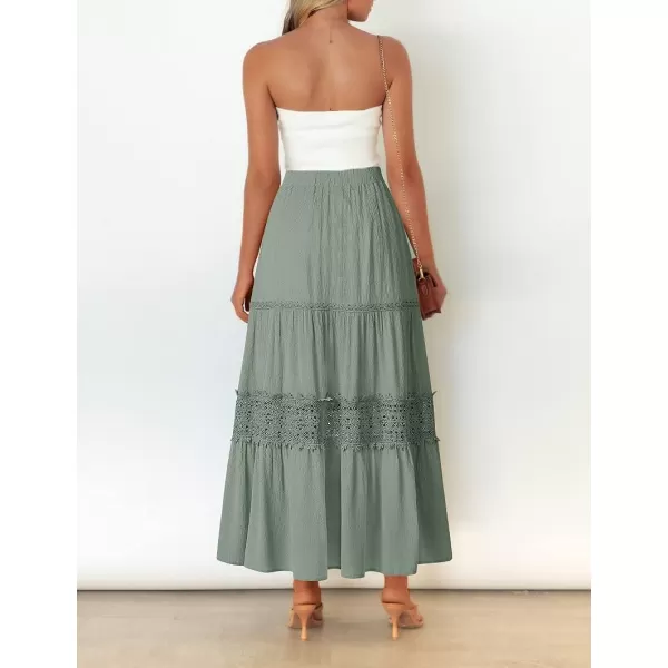 imageZESICA Womens 2023 Summer Bohemian Solid Color Lace Trim Flowy A Line Beach Long Maxi Skirt with PocketsLightgreen