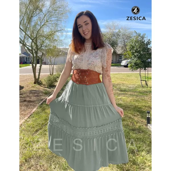 imageZESICA Womens 2023 Summer Bohemian Solid Color Lace Trim Flowy A Line Beach Long Maxi Skirt with PocketsLightgreen