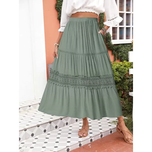 imageZESICA Womens 2023 Summer Bohemian Solid Color Lace Trim Flowy A Line Beach Long Maxi Skirt with PocketsLightgreen