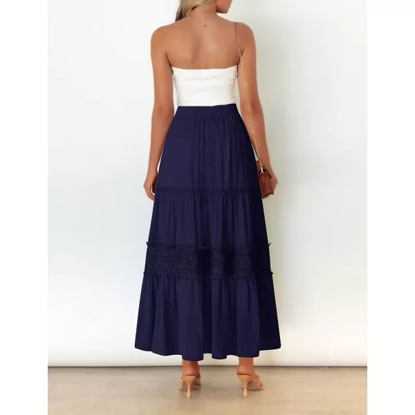 imageZESICA Womens 2023 Summer Bohemian Solid Color Lace Trim Flowy A Line Beach Long Maxi Skirt with PocketsNavy