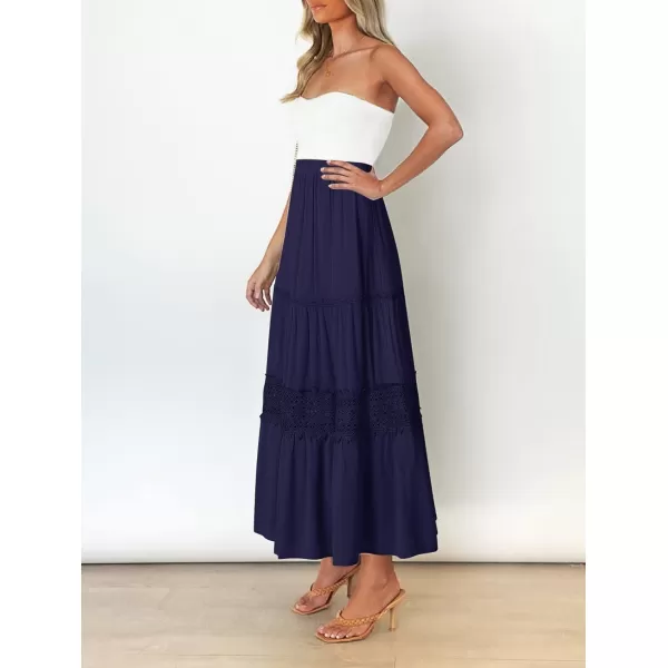imageZESICA Womens 2023 Summer Bohemian Solid Color Lace Trim Flowy A Line Beach Long Maxi Skirt with PocketsNavy