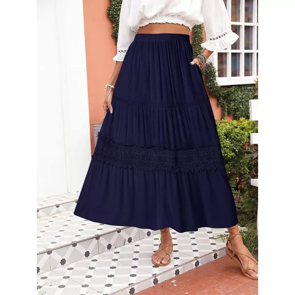 imageZESICA Womens 2023 Summer Bohemian Solid Color Lace Trim Flowy A Line Beach Long Maxi Skirt with PocketsNavy