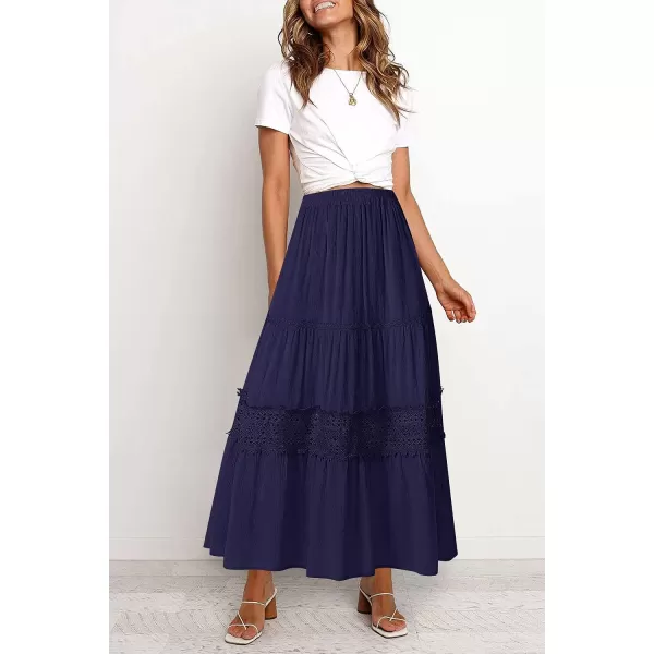 imageZESICA Womens 2023 Summer Bohemian Solid Color Lace Trim Flowy A Line Beach Long Maxi Skirt with PocketsNavy