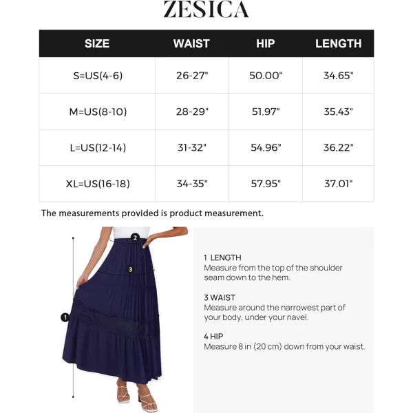imageZESICA Womens 2023 Summer Bohemian Solid Color Lace Trim Flowy A Line Beach Long Maxi Skirt with PocketsNavy