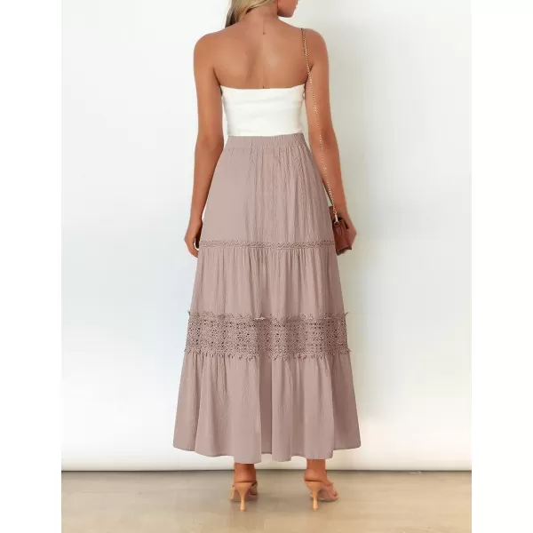 imageZESICA Womens 2023 Summer Bohemian Solid Color Lace Trim Flowy A Line Beach Long Maxi Skirt with PocketsPink