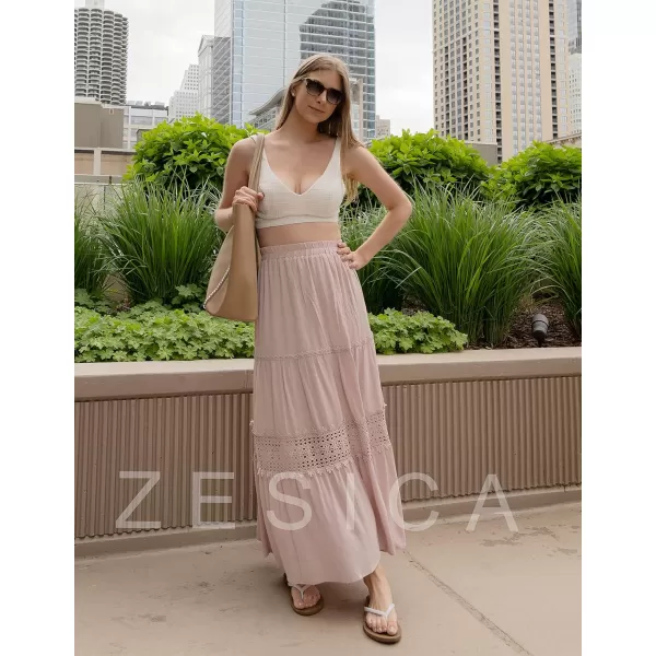 imageZESICA Womens 2023 Summer Bohemian Solid Color Lace Trim Flowy A Line Beach Long Maxi Skirt with PocketsPink