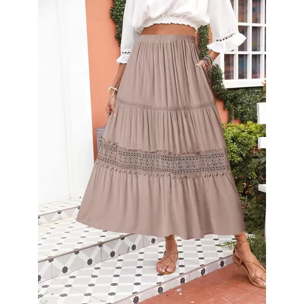 imageZESICA Womens 2023 Summer Bohemian Solid Color Lace Trim Flowy A Line Beach Long Maxi Skirt with PocketsPink