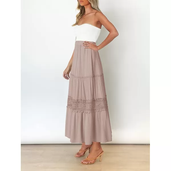 imageZESICA Womens 2023 Summer Bohemian Solid Color Lace Trim Flowy A Line Beach Long Maxi Skirt with PocketsPink