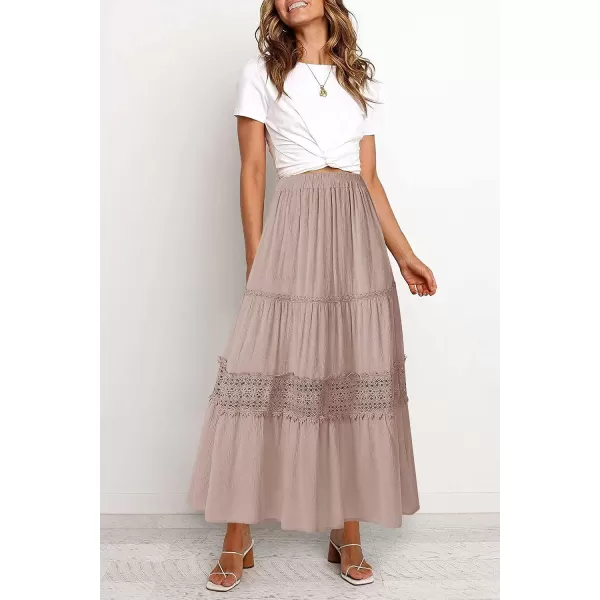 imageZESICA Womens 2023 Summer Bohemian Solid Color Lace Trim Flowy A Line Beach Long Maxi Skirt with PocketsPink