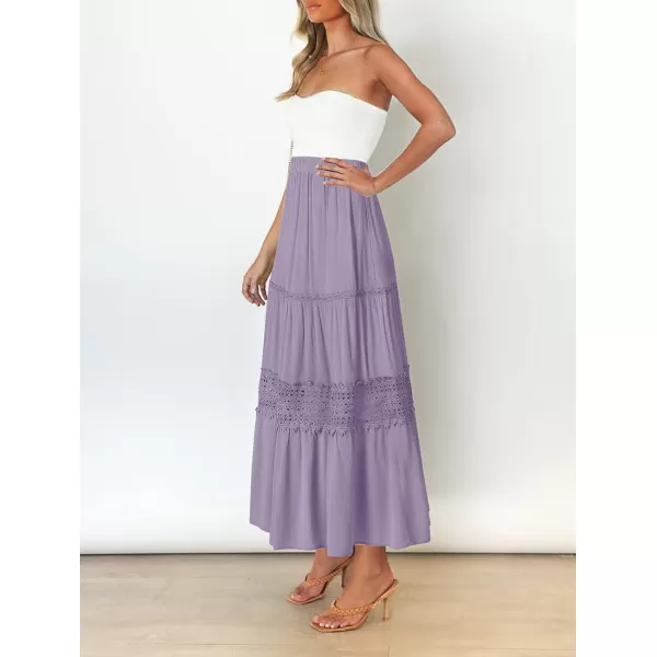 imageZESICA Womens 2023 Summer Bohemian Solid Color Lace Trim Flowy A Line Beach Long Maxi Skirt with PocketsPurple