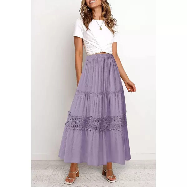 imageZESICA Womens 2023 Summer Bohemian Solid Color Lace Trim Flowy A Line Beach Long Maxi Skirt with PocketsPurple