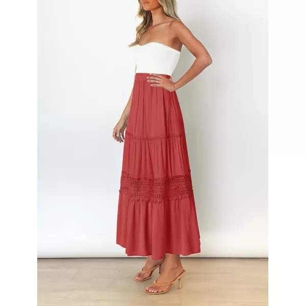 imageZESICA Womens 2023 Summer Bohemian Solid Color Lace Trim Flowy A Line Beach Long Maxi Skirt with PocketsWatermelon