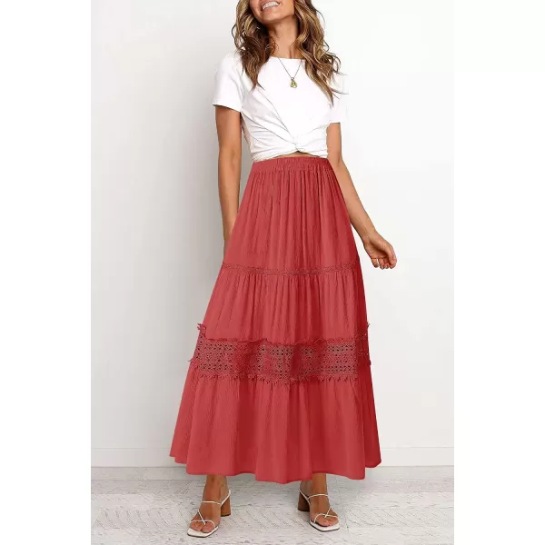 imageZESICA Womens 2023 Summer Bohemian Solid Color Lace Trim Flowy A Line Beach Long Maxi Skirt with PocketsWatermelon